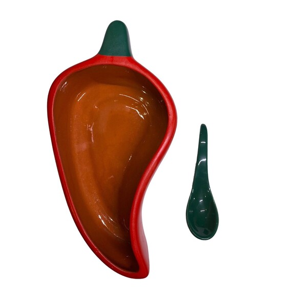 Red Chili Pepper Dip Bowl And Spoon Dish Clay Art Hand Painted Salsa Bowl - Picture 4 of 14
